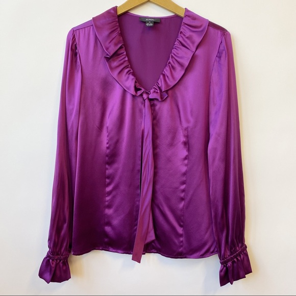 Alfani Tops - ALFANI 100% Silk Charmeuse Ruffled Neckline Long Sleeve Top Blouse Women's 12